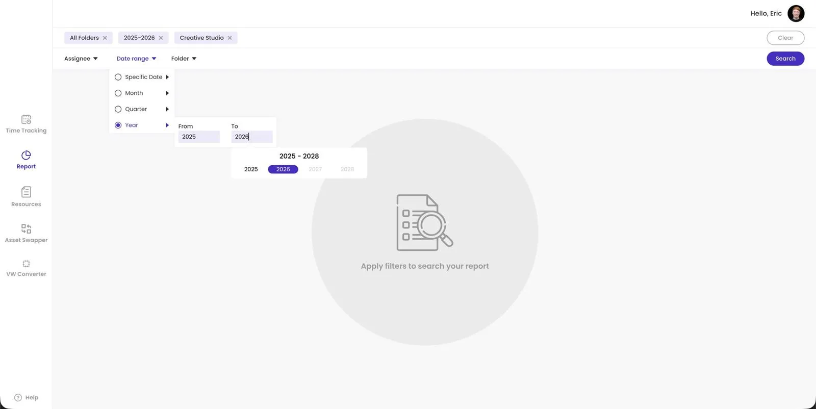 Designer Dashboard report screen with assignee, date range and folder filters, a year range picker open, and an empty state prompting a search.