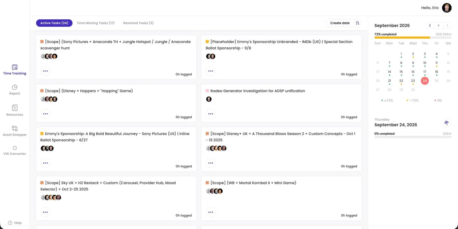Designer Dashboard time tracking screen: a grid of task cards with team avatars and logged hours, beside a monthly calendar showing hours completed.
