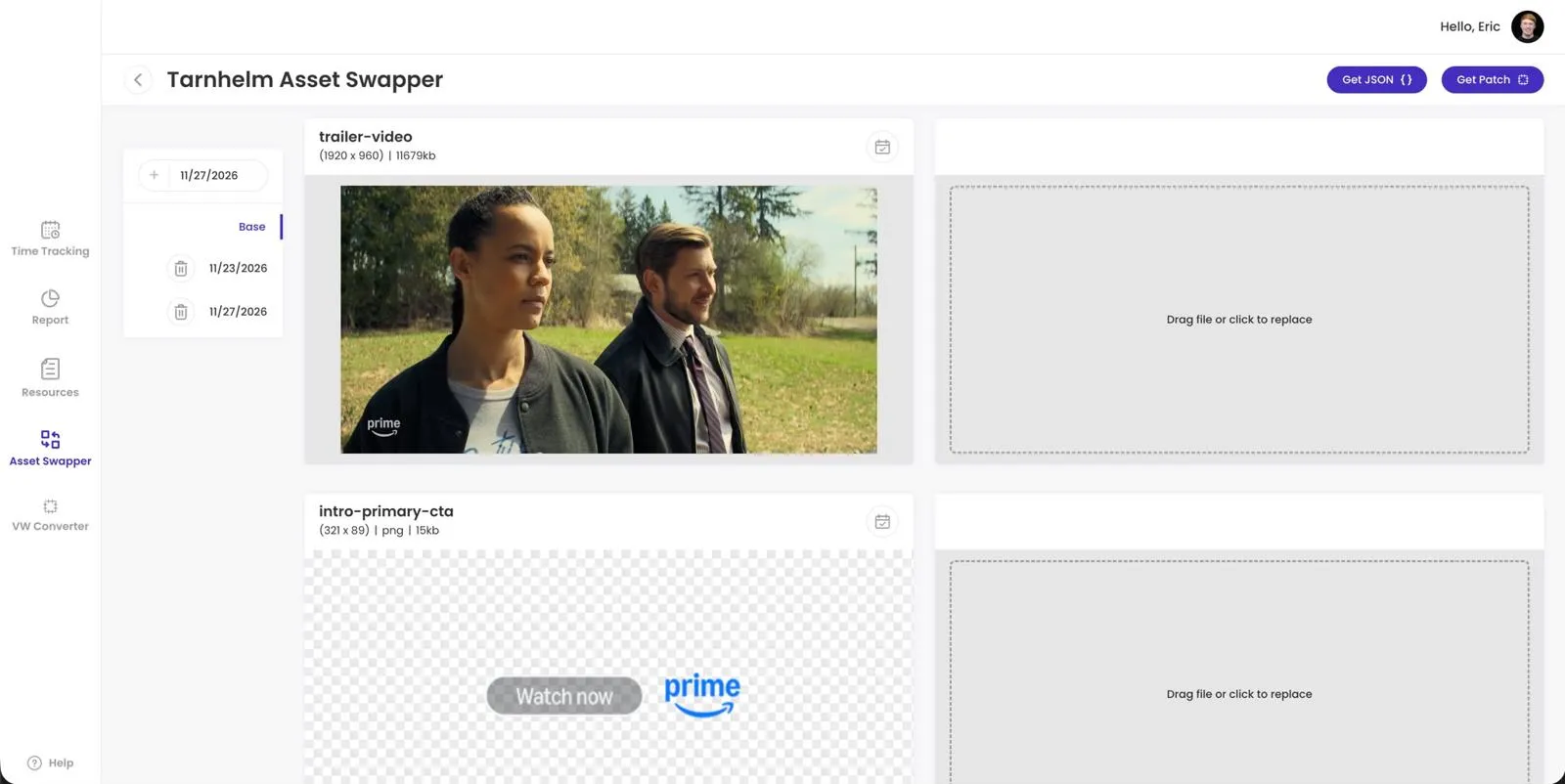 Designer Dashboard asset swapper: a trailer video frame and a call-to-action button image, each with a drop zone to replace it and a list of dates.