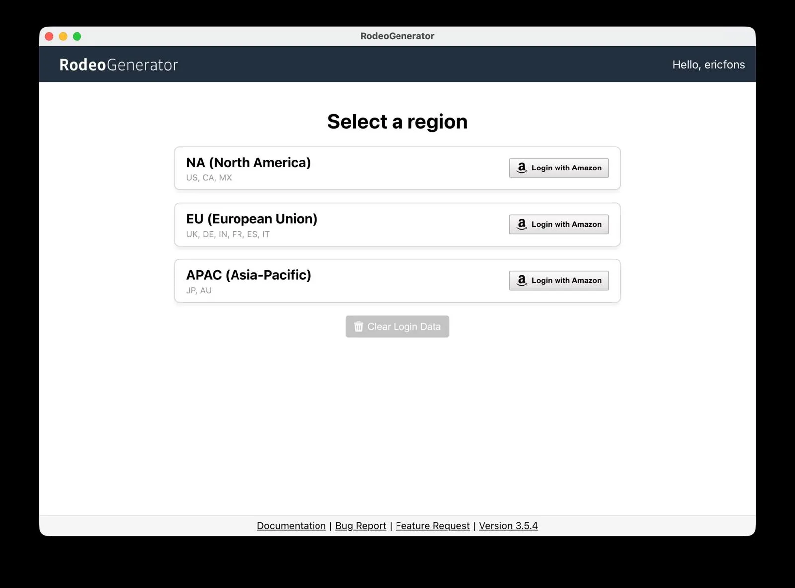 RodeoGenerator window with three region cards, North America, Europe and Asia-Pacific, each with a Login with Amazon button.