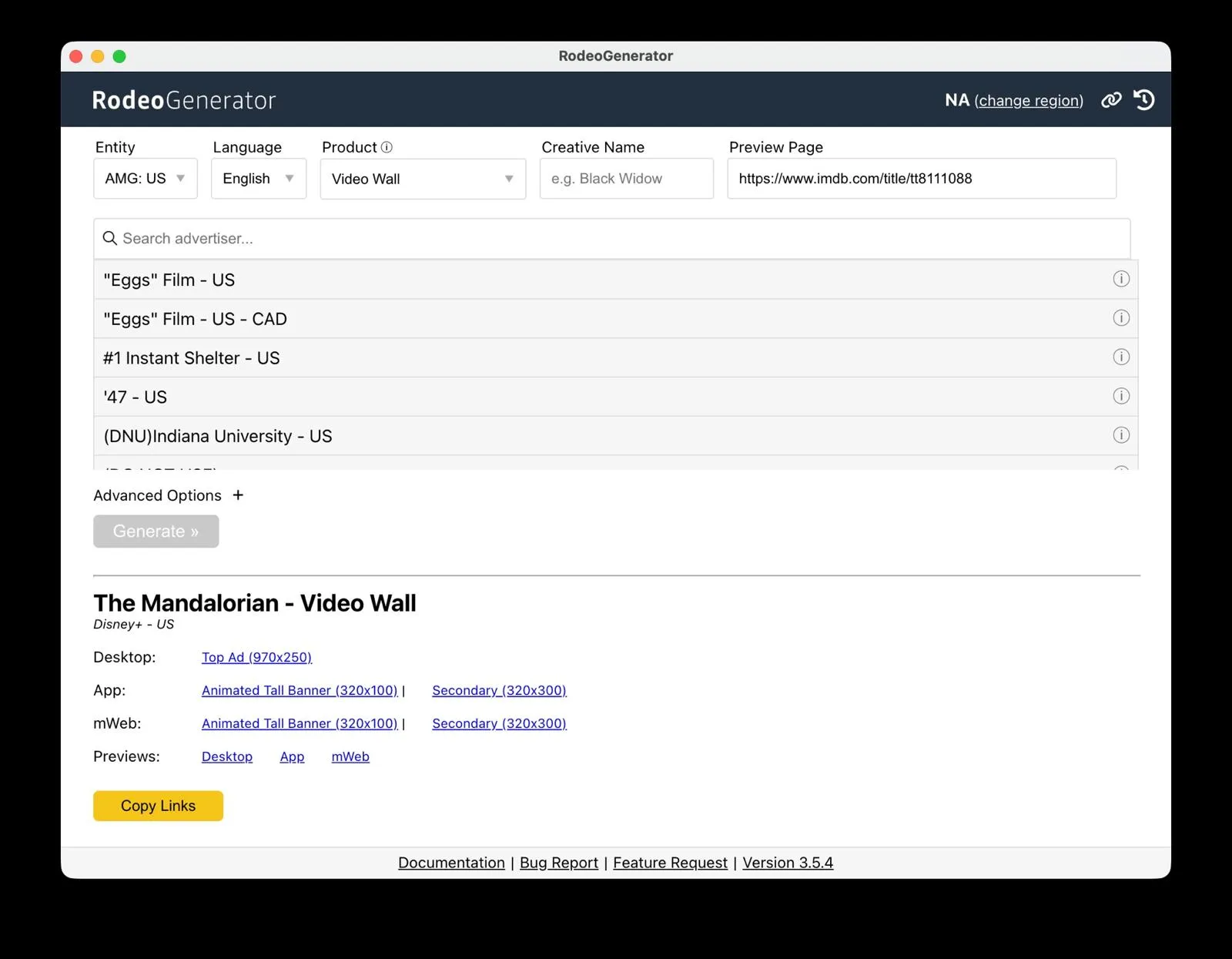 RodeoGenerator desktop app: a campaign form with an advertiser list above generated desktop, app and mobile web ad links, preview links and a Copy Links button.