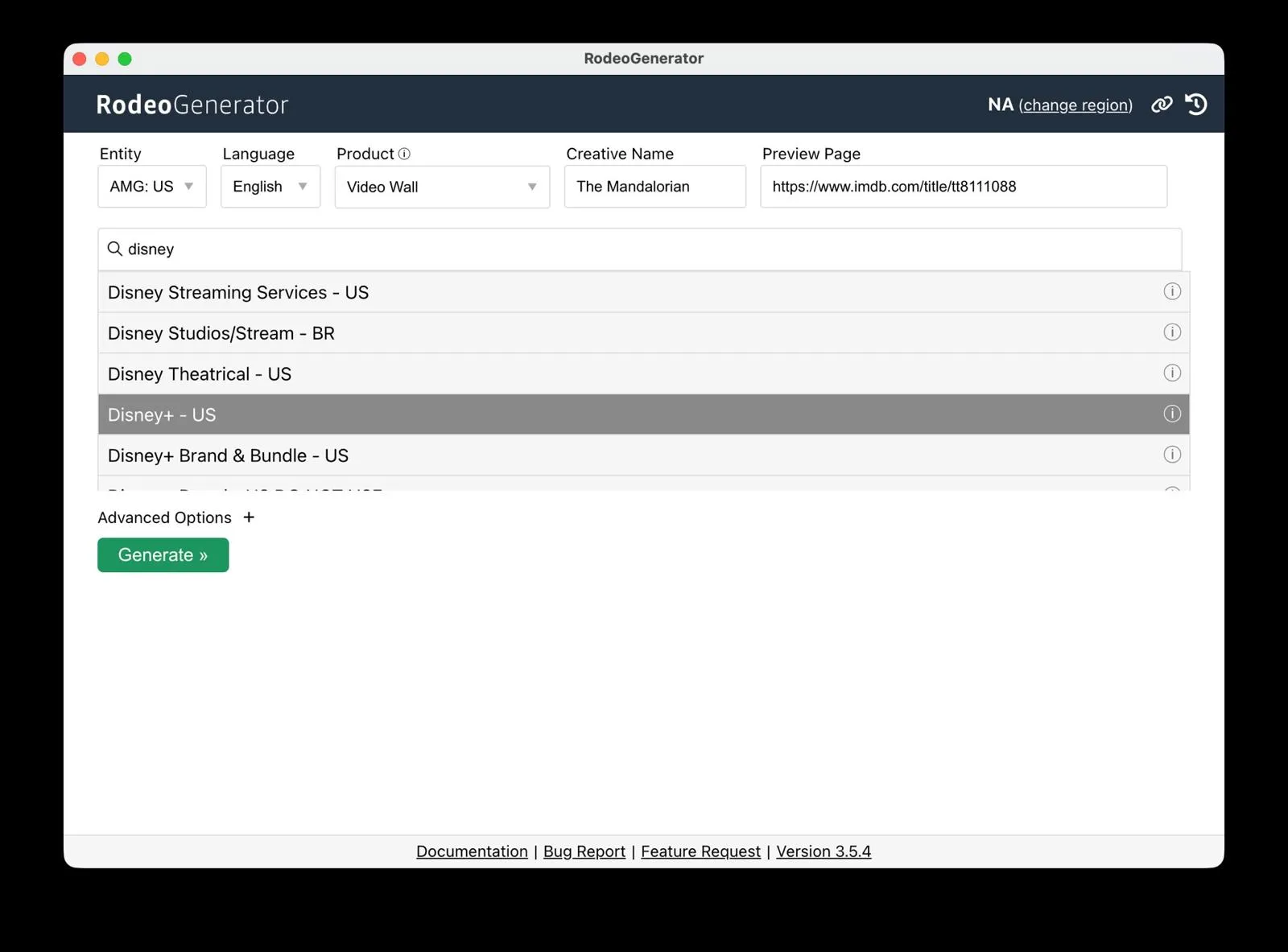RodeoGenerator form with entity, language, product, creative name and preview page fields, and an advertiser search filtered to a list of matching names.