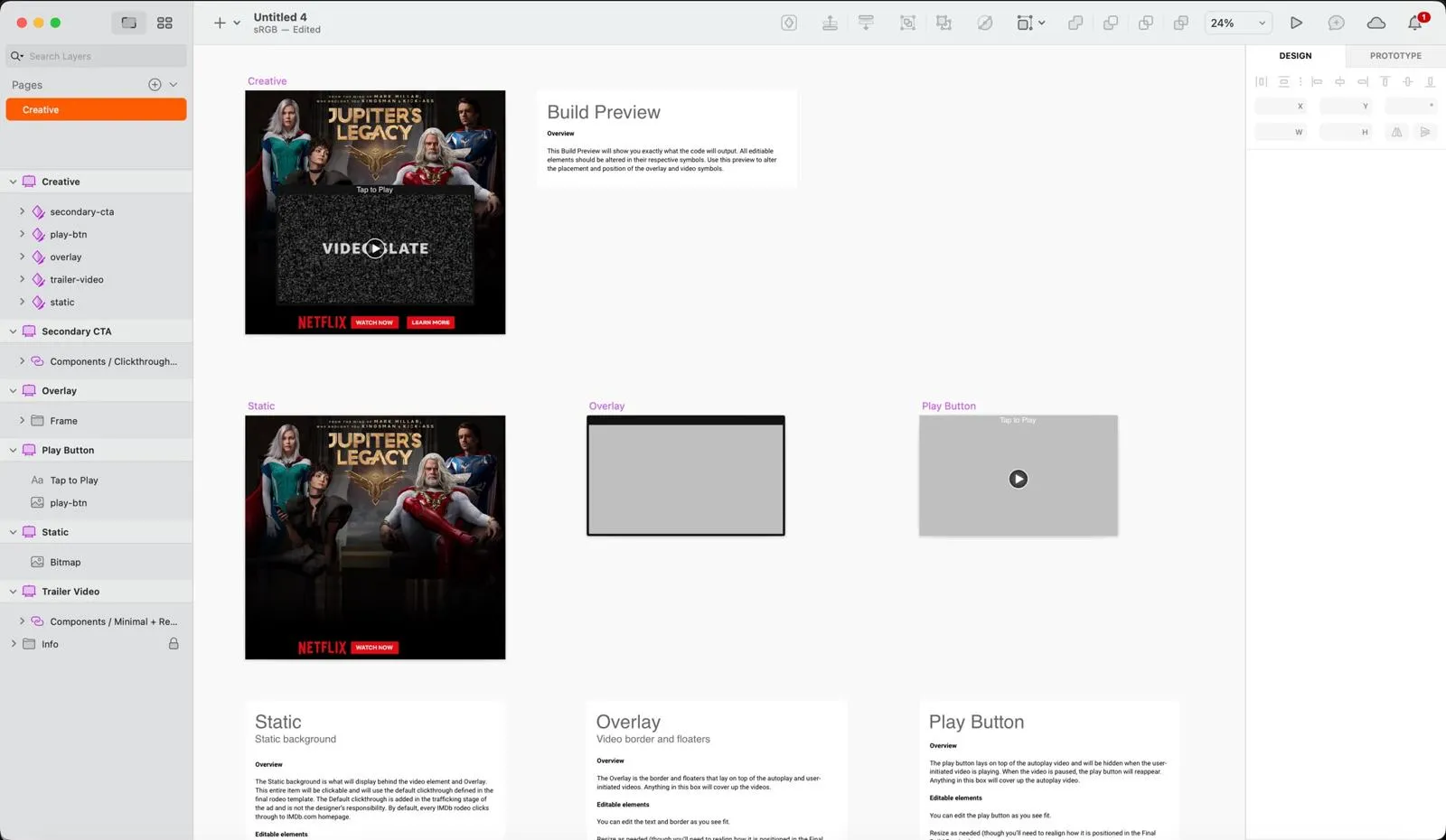 Sketch document with artboards for the ad's creative, static background, overlay and play button, each with a written guideline card below.