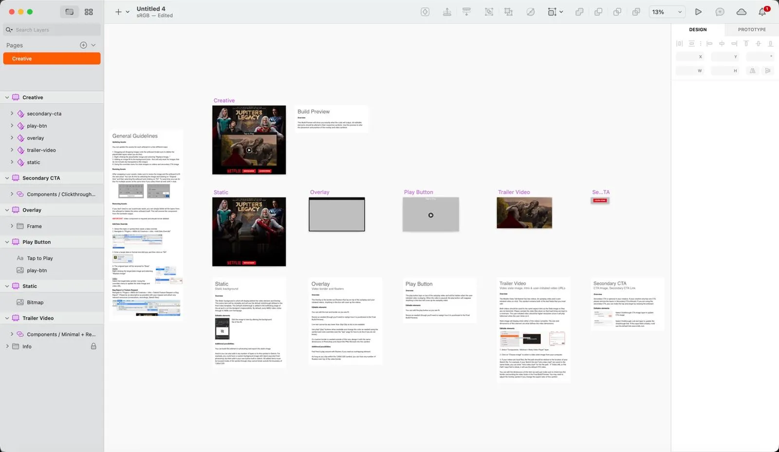 Zoomed-out Sketch canvas showing every artboard of a mobile hero ad in a row, a general guidelines panel on the left, and a guideline card under each part.