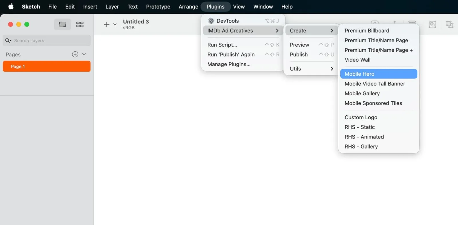 Sketch's Plugins menu opened to IMDb Ad Creatives, Create, listing ad formats such as Premium Billboard, Video Wall and Mobile Hero.