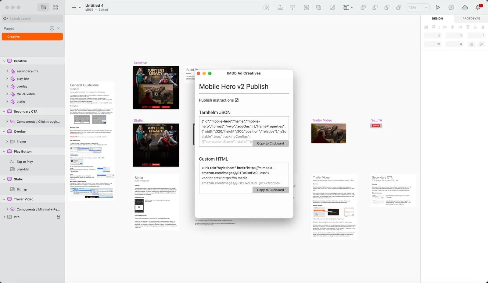 A plugin dialog over the Sketch canvas with two text boxes, one of JSON and one of HTML tags, each with a copy to clipboard button.