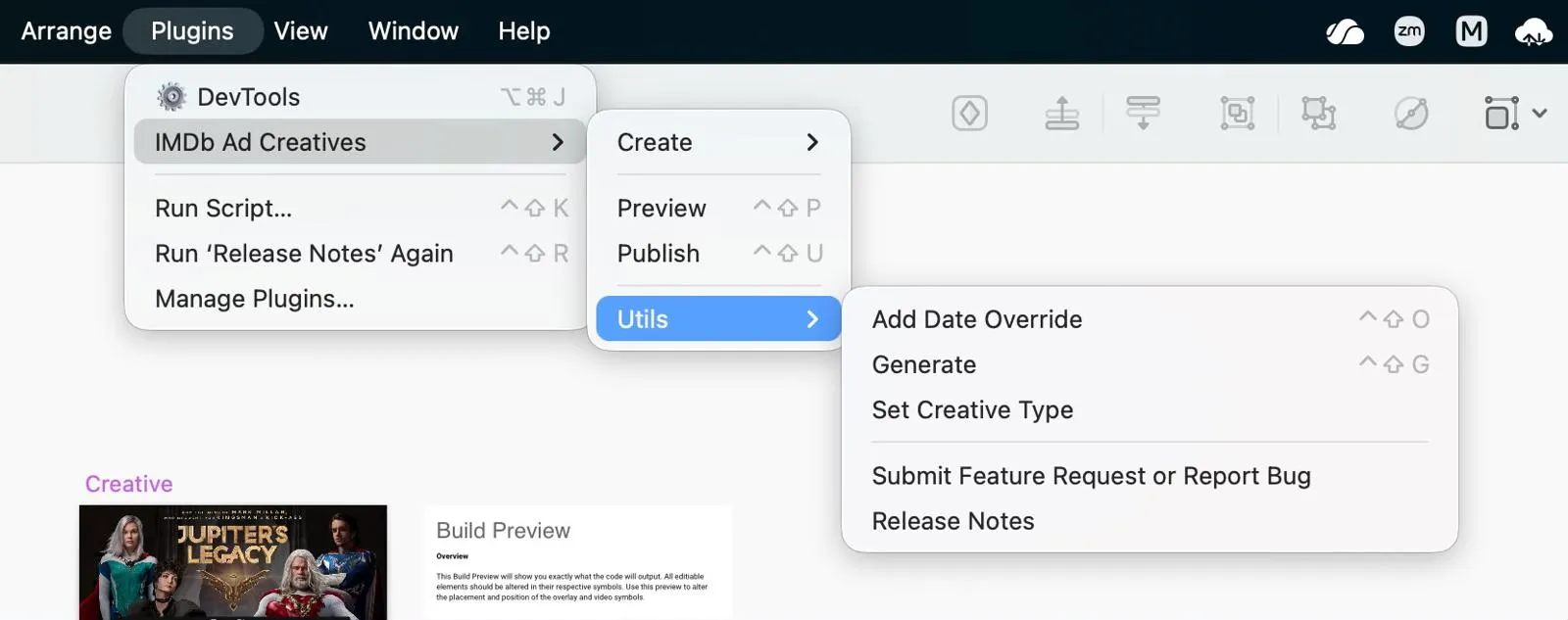 The plugin's Utils submenu in Sketch, with options to add a date override, generate, set creative type, submit a bug or feature request, and read release notes.