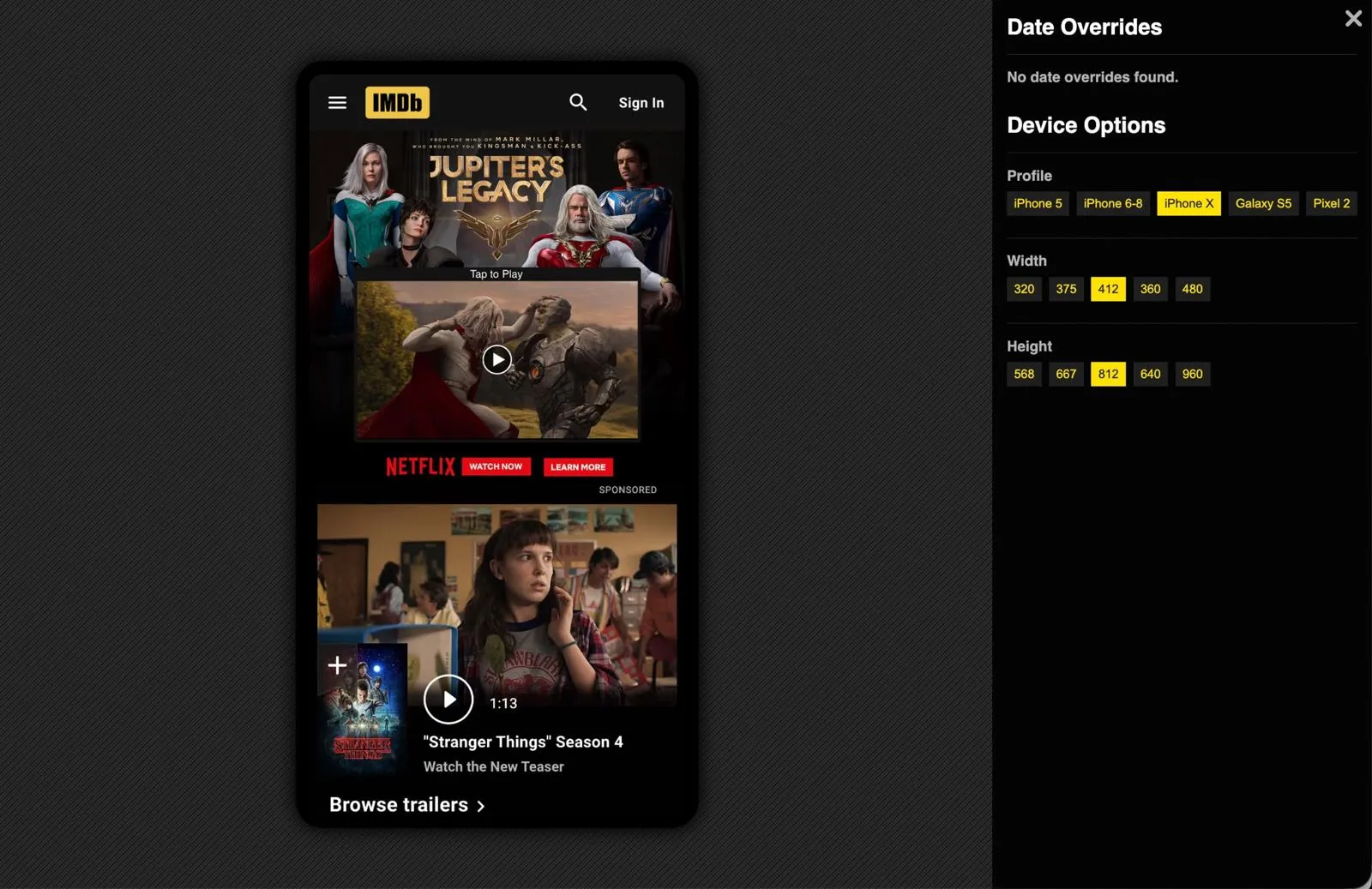 IMDb Ad Creatives preview: a mobile hero ad with a trailer inside an IMDb phone page, beside a panel of device, width and height options.