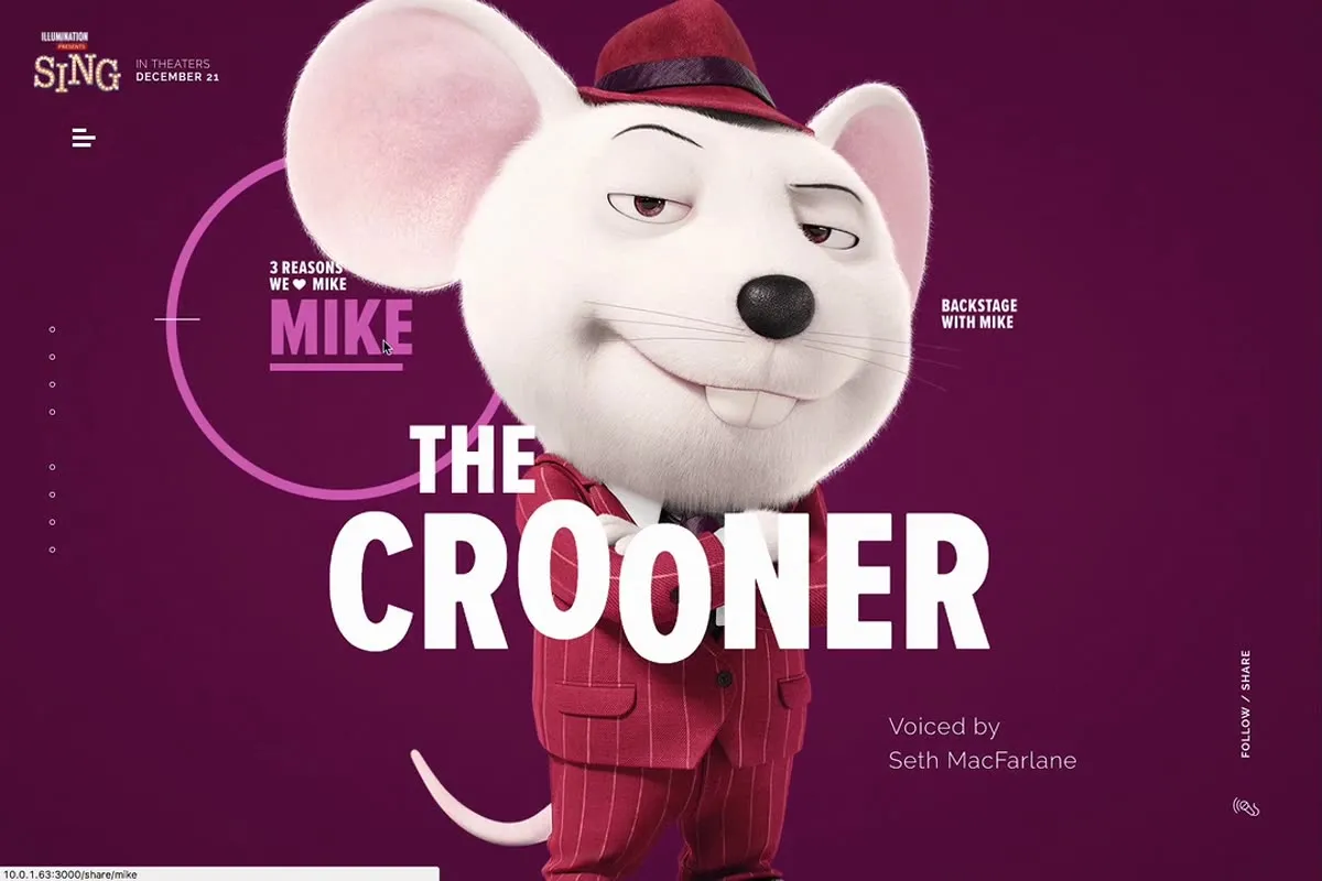 Campaign site for Illumination's Sing: Mike the white mouse in a red pinstripe suit and hat, under the headline The Crooner, on a purple background.