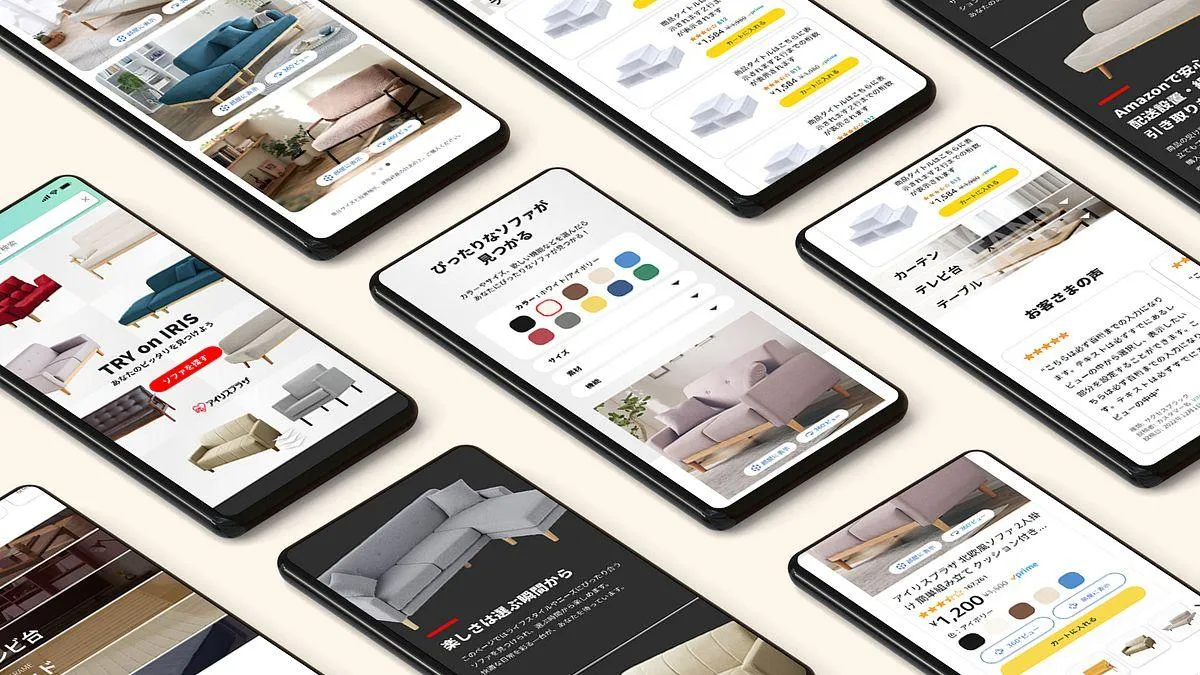 Phone screens laid out at an angle showing the mobile store: the TRY on IRIS home, the colour finder, room photos, reviews and product cards.