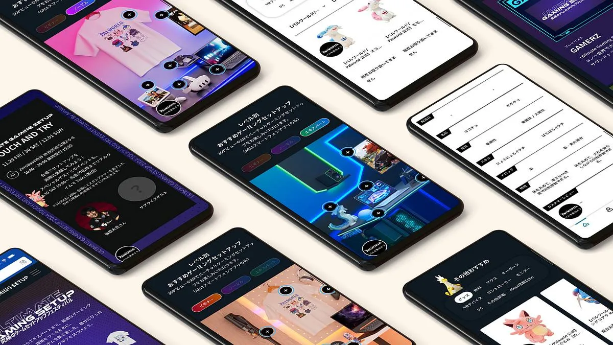 Phone screens at an angle showing gaming desk scenes with plus-sign hotspots, beginner, normal and expert tabs, event details and Palworld merchandise.