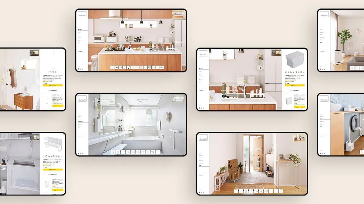 Tablet screens of the desktop showroom: kitchen, living room, bathroom, laundry, toilet and entrance, some with a product panel open on the right.